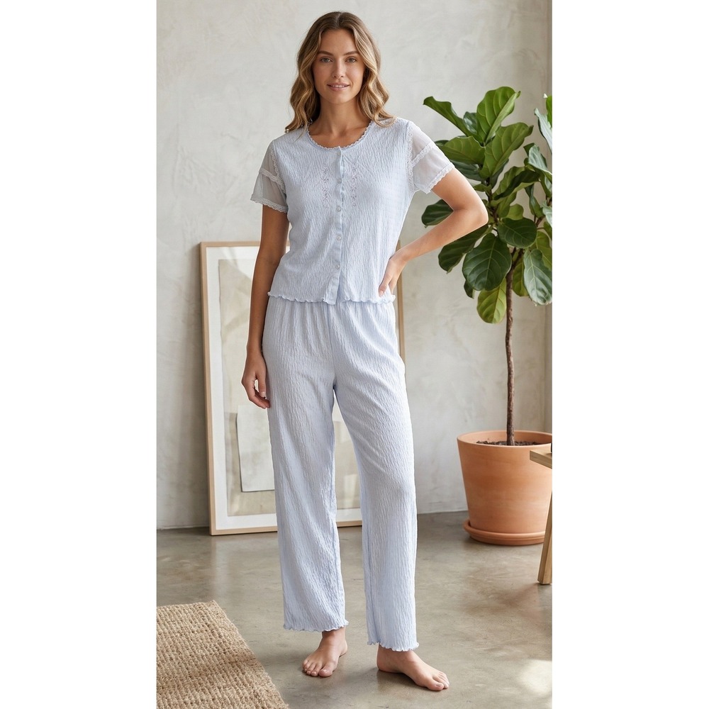 Vanity Fair Pajama Set Women's M Light Blue Floral Embroidered Lace Trim Stretch